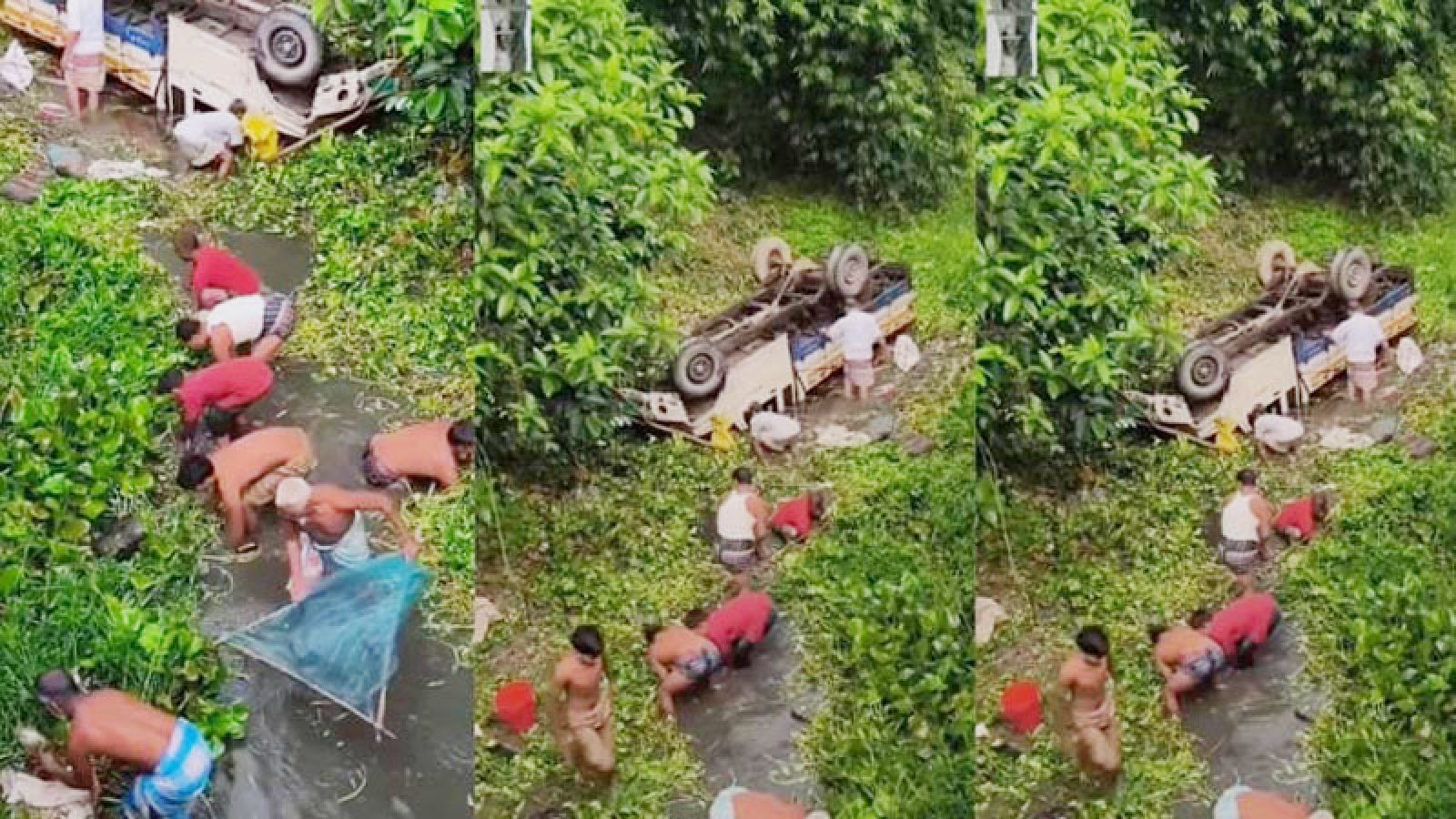 পিকআপ খালে উল্টে পড়তেই মাছ ধরা শুরু, নিজ চেষ্টায় বাঁচলেন চালক