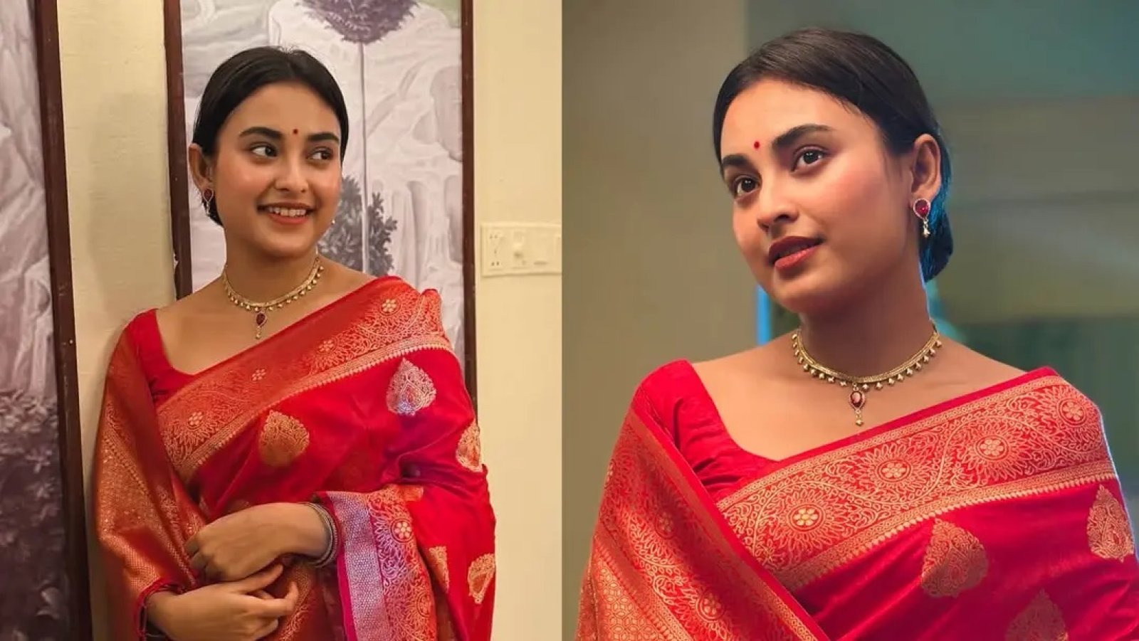 লাল শাড়িতে তটিনীর চোখজুড়ানো রূপ