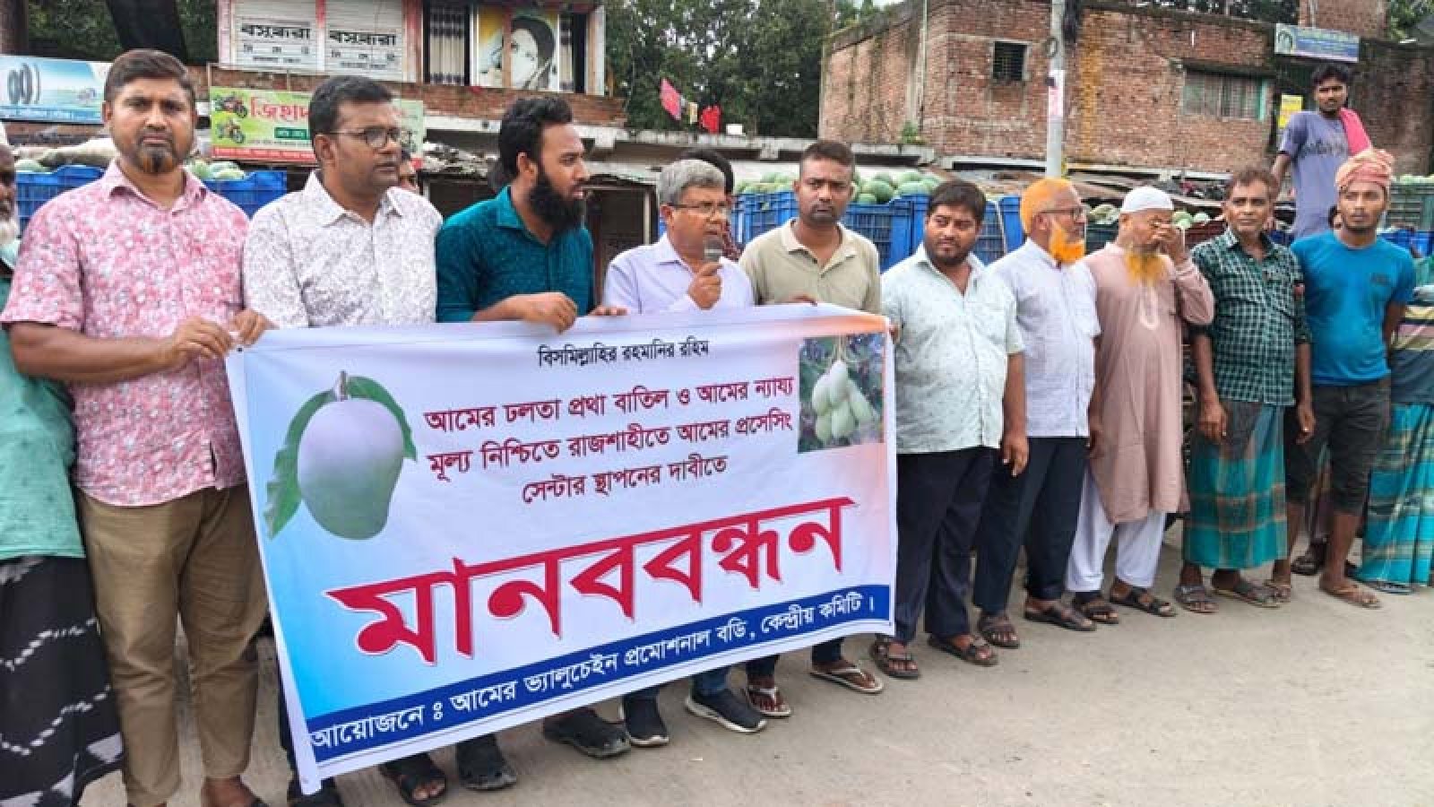 আমের ঢলন প্রথা বাতিল, প্রসেসিং সেন্টারের দাবিতে মানববন্ধন