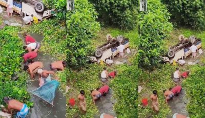 পিকআপ খালে উল্টে পড়তেই মাছ ধরা শুরু, নিজ চেষ্টায় বাঁচলেন চালক