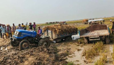 সাপাহারে কলমুডাঙ্গা মাঠের রাস্তায় গর্ত, ধান নিয়ে বিপাকে কৃষক