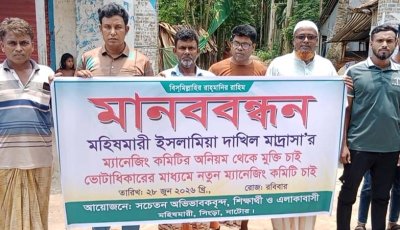 সিংড়ায় মহিষমারী ইসলামিয়া দাখিল মাদ্রাসার ম্যানেজিং কমিটির অনিয়মের প্রতিবাদে মানববন্ধন